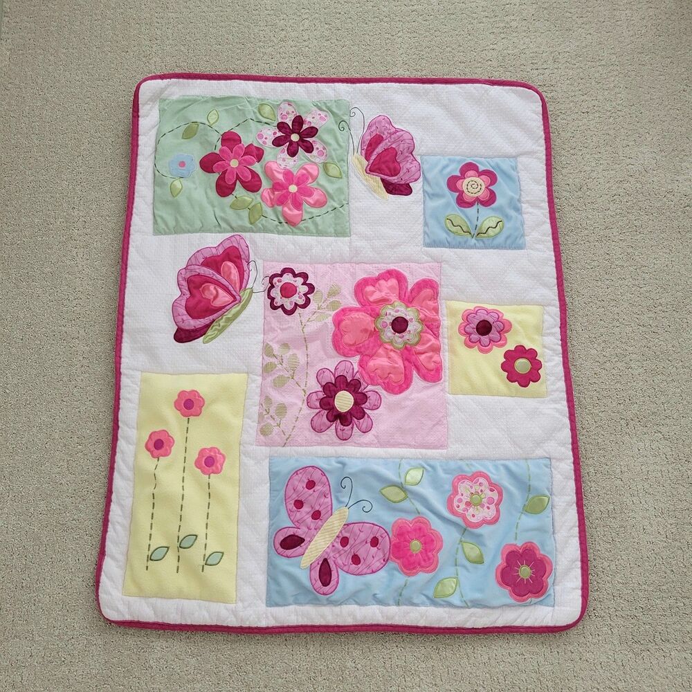 Y2K Lambs & Ivy Comforter Quilt Blanket Flower Butterfly Baby Patchwork Girls